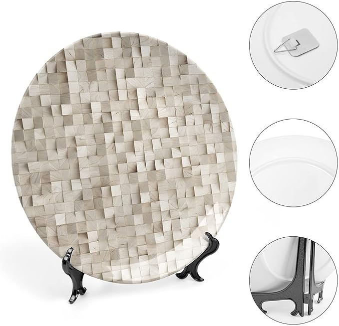 Ceramic Plates, Abstract Decorative Ceramic Plates, Wooden Cubes Print, 8 Inch, for Dining, Parties, Wedding, Tan