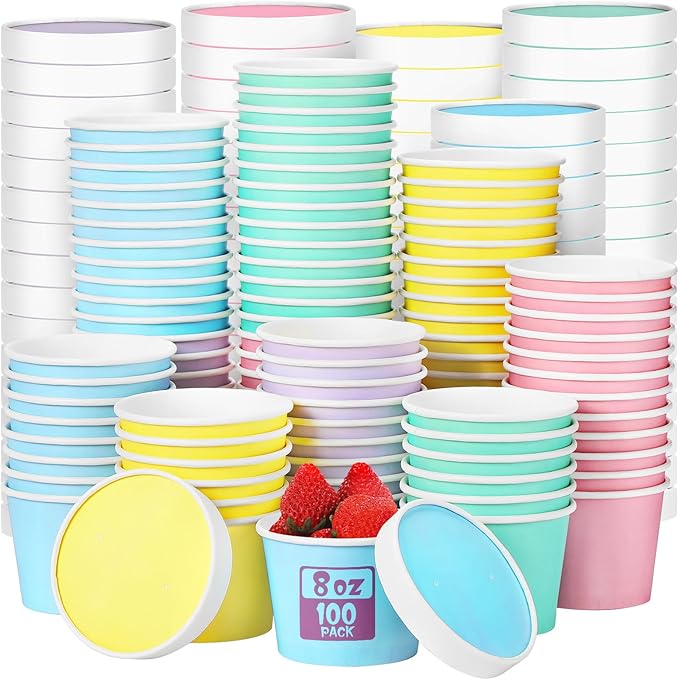 Fulmoon 100 Pack Paper Soup Containers with Lids Disposable Paper Food Containers with Vented Lid Kraft Ice Cream Cake Dessert Cups Soup Bowl for Party Hot Food Fruit Microwave(8 oz,Multi Colors)