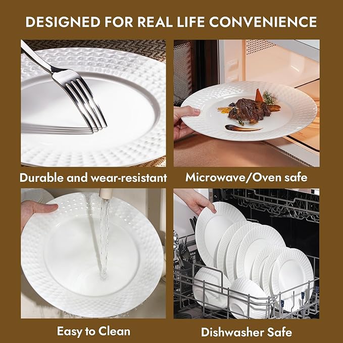 KINGSTONE 24-piece Bone China Dinnerware Set and 40-piece silverware, White Lightweight Porcelain for 8, Plates, Bowls with matching flatware, Microwave and Dishwasher Safe, for Family, Gifting