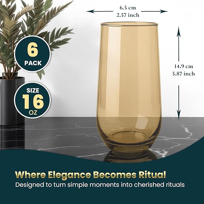 Amber Drinking Glasses Set of 6 | 16 oz Amber Glass Cups | Highball Drinkware for Cocktails, Long Drink, Water, Mojito, Juice, Soda