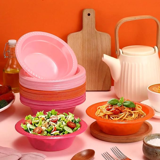 Layhit 100 Pcs Pink and Orange Disposable Plastic Bowls 12 oz Sunset Tropical Soup Dessert Salad Bowl Candy Snack Bowls Serving Supplies for Holiday Birthday Party Picnic