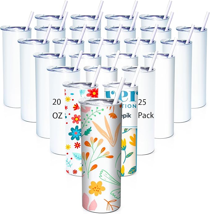 25 Pack Straight Sublimation Tumblers Bulk 20oz Stainless Steel Double Wall Insulated Sublimation Cups Wholesale Blank White with Lid, Straw for Tumbler Press Machine