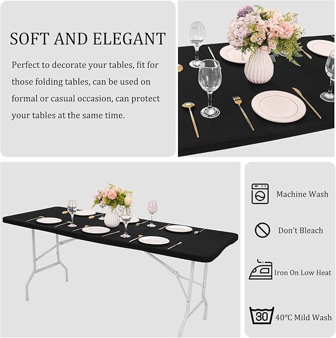 4 Pack Spandex Tablecloth Table Top Cap Cover Washable Elastic Rectangle Tablecloth for 8 FT Folding Tables for Indoor Outdoor Party (96 x 30 Inches, Black)