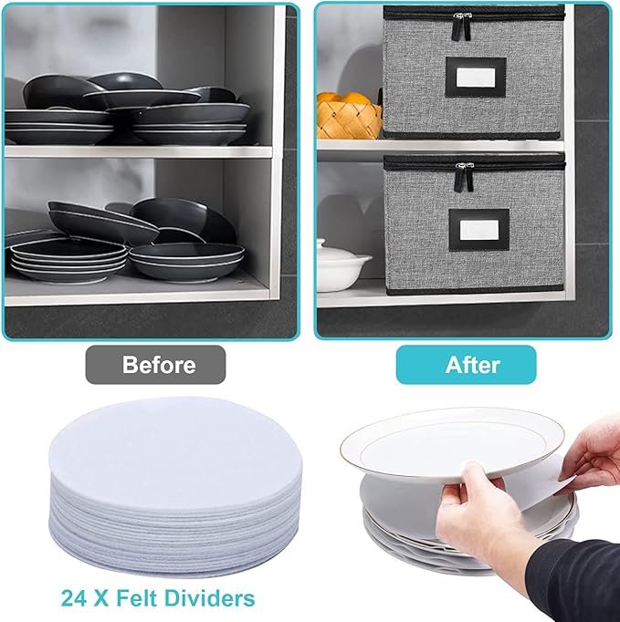 China Storage Containers-Quilted Dish Storage Containers with Lid Hard Shell for Moving Transport, Dinnerware Storage,Stackable Plate Storage,24 Felt Plate Dividers Included,2PACK 12*12*8in