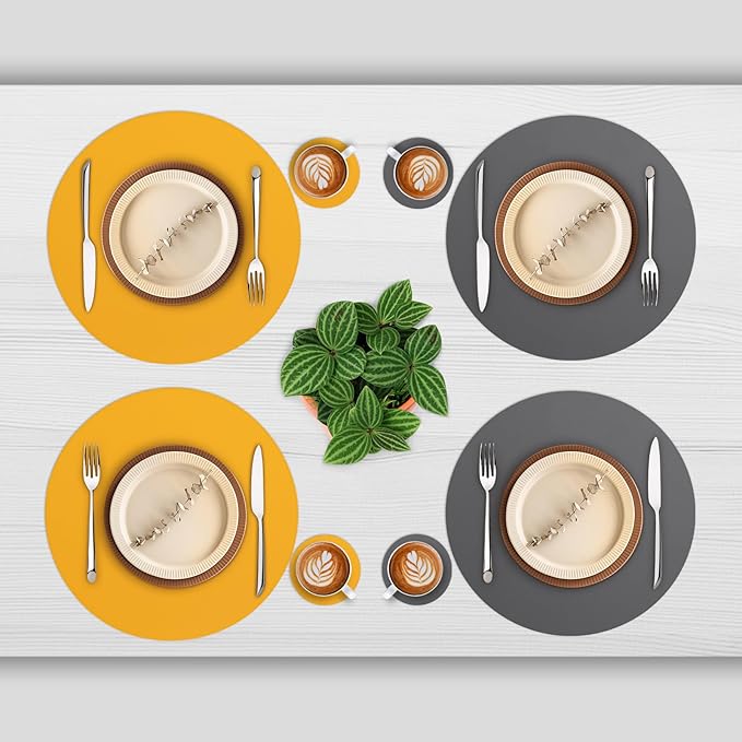 Myir JUN Round Placemats Set of 4 Faux Leather Place Mats and Coasters 15 inch Round Table Mats Dual Sided Non-Slip Stain Resistant Placemats (Gray & Yellow, Set of 4)