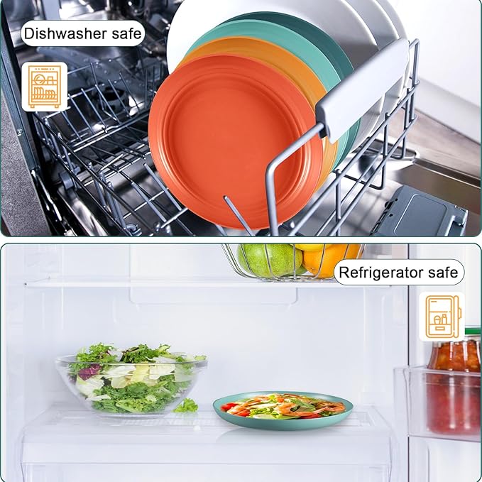 12 Pcs Unbreakable Deep Dessert Plates Set, 8 inch Reusable Plastic Wheat Straw Plates, Microwave and Dishwasher Safe Plate for Kitchen, Lightweight Plate for Dessert, BPA Free, 4 Colors