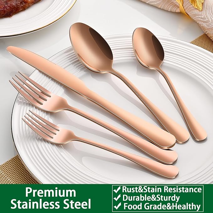 Rose Gold 30-Piece Flatware Sets Service For 6,Pink Silverware Set Includes Knife Spoon And Forks Eating Utensils Sets For Kitchen,Metal Cutlery Set Tableware Sets