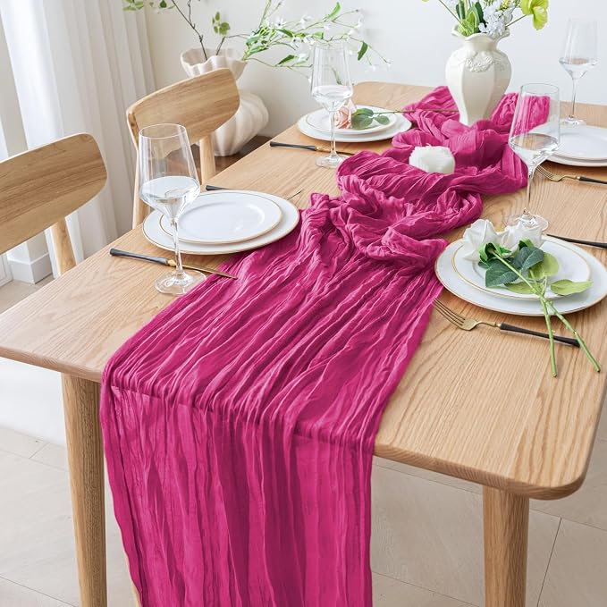 Cheesecloth Table Runner 10FT 12Pcs Fuchsia Boho Gauze Rustic Sheer Runners | - Image 6