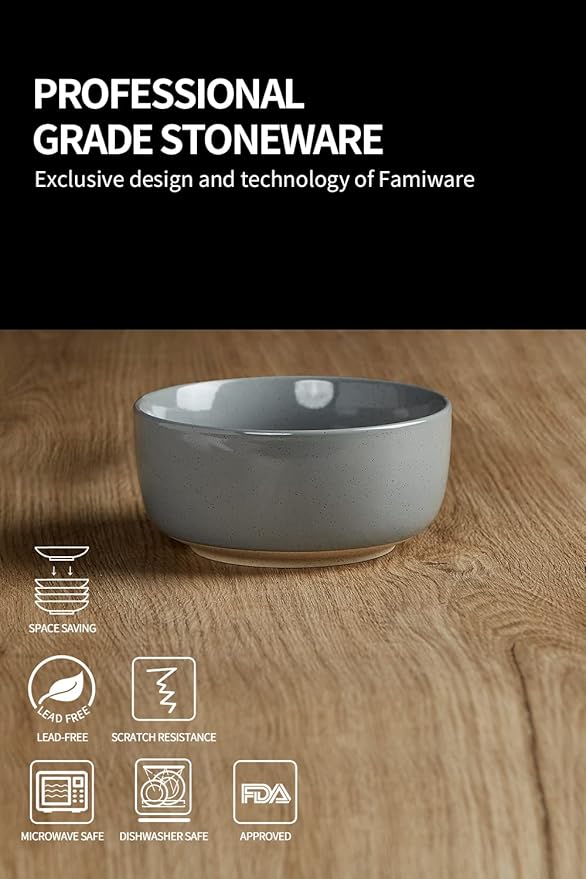 famiware Milkyway Cereal Bowl, Soup Bowls for 6, 25 Ounce Bowls Set for Kitchen, Bowl Set for Cereal Soup Rice Pasta Salad Oatmeal, Dark Gray