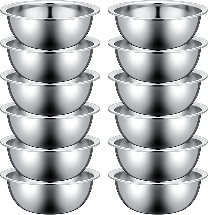 Pinkunn 12 Pcs Stainless Steel Mixing Bowls, Nesting Metal Salad Prep Bowls Bulk Reusable Baking Food Container Large Medium Small for Kitchen Hotel Restaurant Cooking, Silver (12.6 x 4.25 Inch)