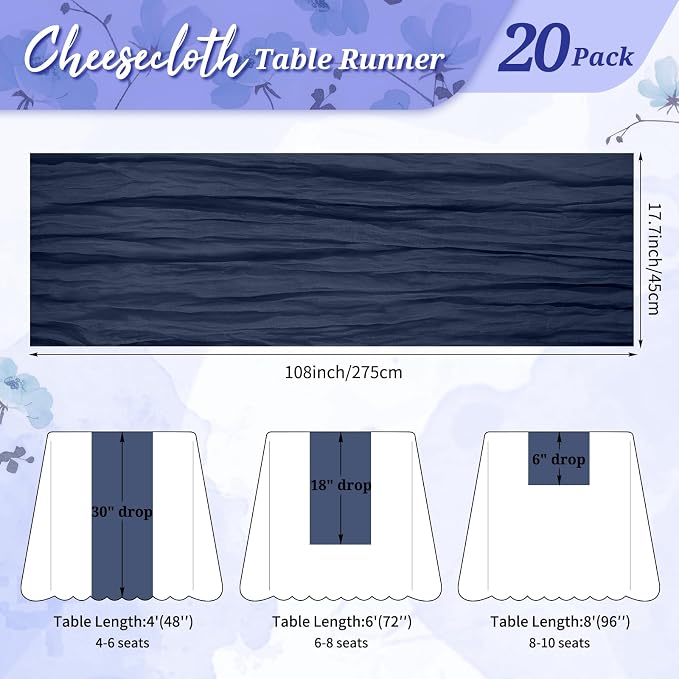 Pesonlook Cheesecloth Table Runner Navy Blue, 20 Pack 17.7x108 inch, Long | - Image 2