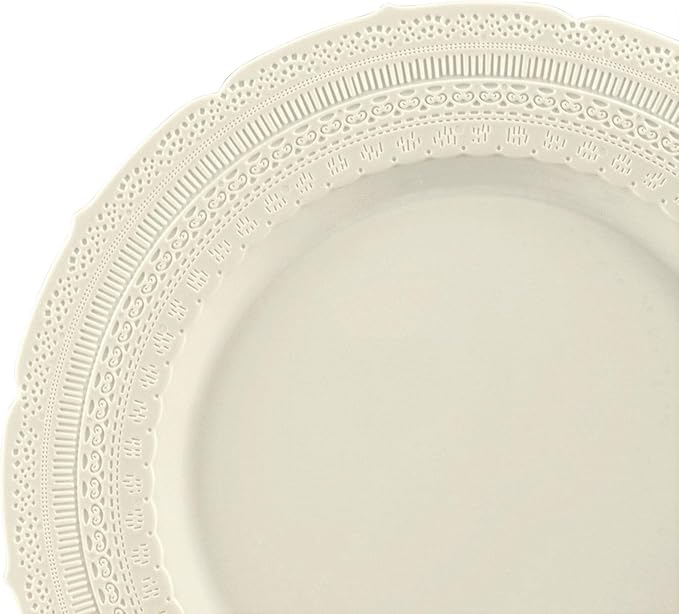 OCCASIONS 80 Plates Pack (40 Guests), Heavy Duty Fancy Ivory Plastic Wedding Plates, 40x11" Dinner + 40x8.25" Salad/Dessert, Disposable Reusable Elegant Vintage (Chateau Ivory)