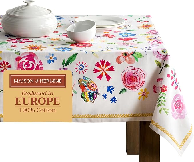 Maison d' Hermine Table Cloth Rectangle Table 100% Cotton 70 x 90 Inches Tablecloth Reusable Decorative for Dining Room Farmhouse Home Valentines Day Decorations Spring Summer - Happy Florals - Sweety