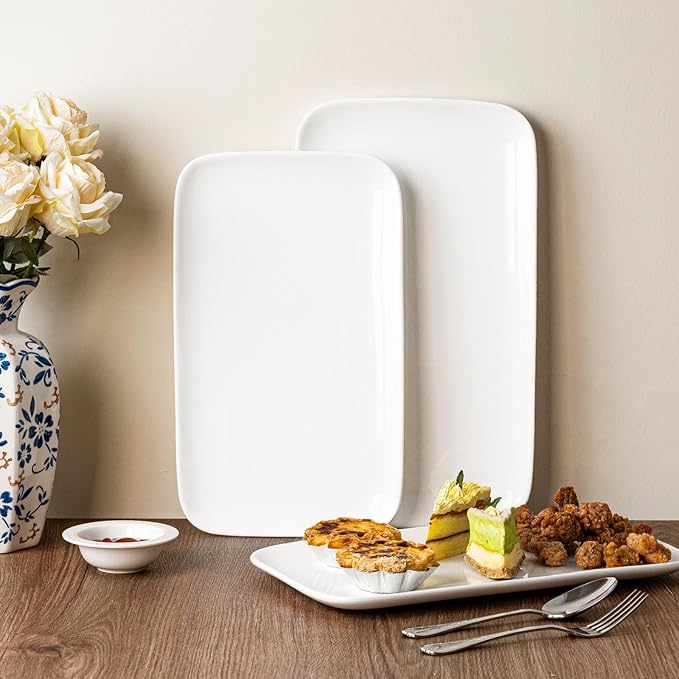White Serving Platters Set of 2, 15.5 Inch Large Rectangular Serving Platters, Ceramic Serving Plates, Porcelain Platter for Food, Appetizer, Sushi, Steak