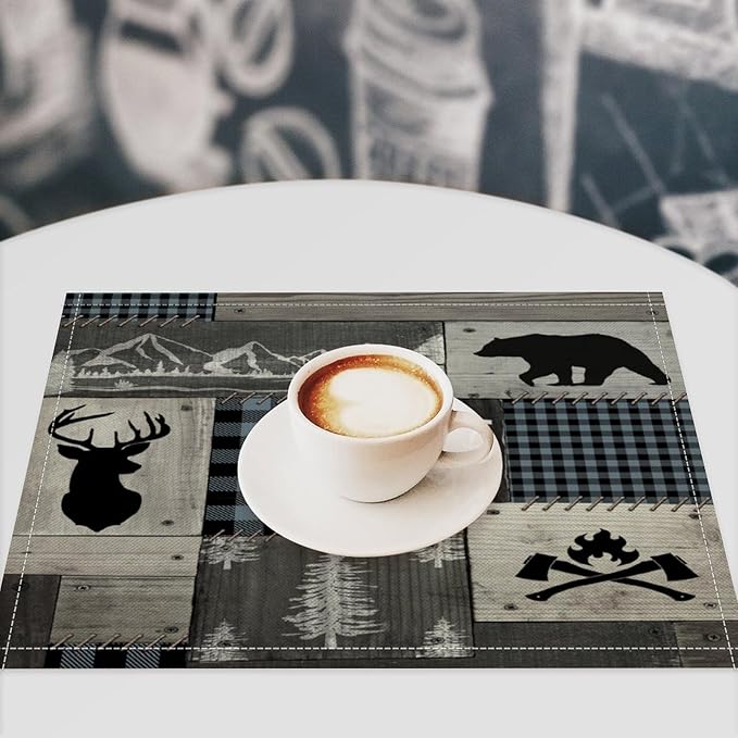 Bear Moose Deer Placemats Rustic Wildlife Moose Forest Animal Cabin Lodge Lake Pine Heat-Resistant Linen Table Place Mats for Dining Kitchen Country Camp Style Farmhouse Decor 6 PCS, Countryside-8