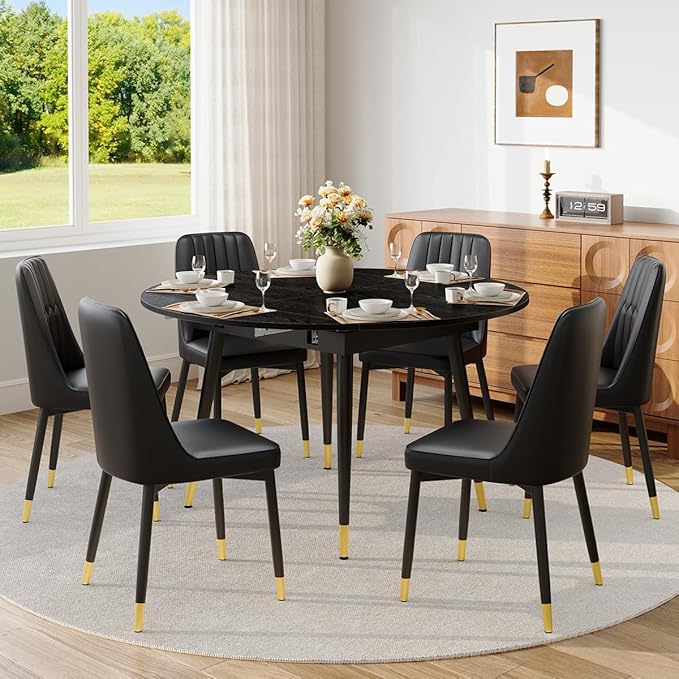 53” Round Dining Table Set for 6｜7 Piece Wood Dining Table Set｜Extendable Dining Room Table with 6 Chairs｜Black Wooden Tabletop with Metal Legs｜Easy Assembly｜Space Saving｜for Kitchen, Living Room