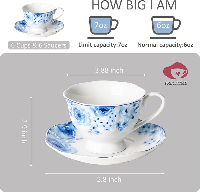 6oz Porcelain Tea Cup and Saucer Set of 6, Classic Blue Floral | Classic blue - Image 2
