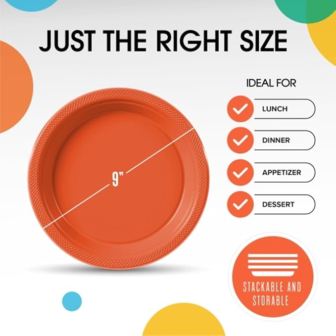 Orange Plastic Plates For Party 9" Orange Disposable Plates Heavy Duty 100 Pcs Plastic Dinnerware Sets Heavy Duty 350 GSM Disposable Dinnerware Set