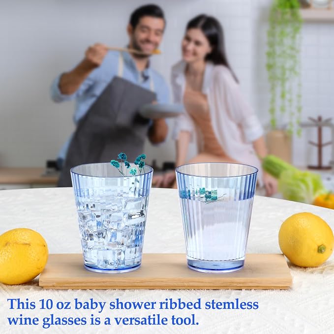 12 PCS Plastic Ribbed Drinking Glasses 10oz Blue Vintage Ripple Stemless Wine - Image 5