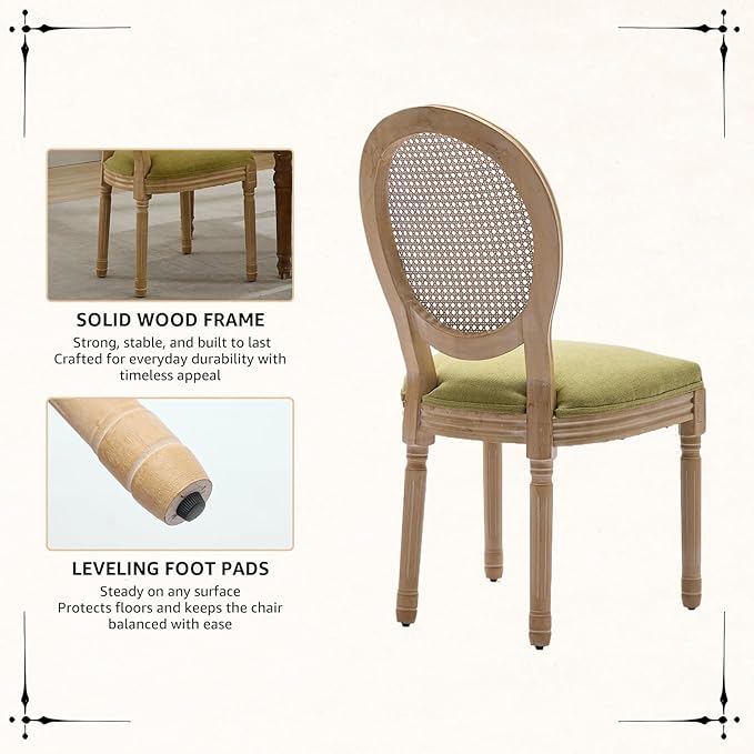 Vintage French Rattan Dining Chairs Set of 4, Round Back Accent Chairs with Rattan Backrest and Upholstered Linen Seat, Solid Frame Wood Sillas de Comedor for Dining Room & Kitchen, Olive Green