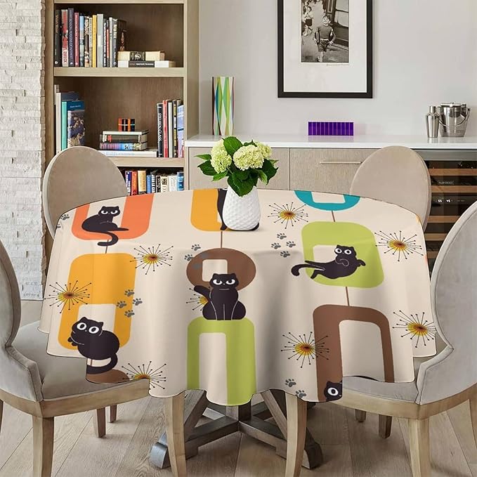 Bohemian Black Cat Round Tablecloth, Rustic Vintage Mid Century Geometric Tablecloth for Home Party Dining Room Kitchen Decor 36Inch(90cm)