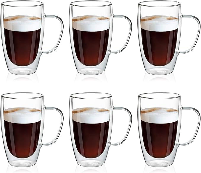 MEWAY 16oz/6 pack Coffee Mugs, Thickened Clear Glass Double Wall Cup by MEWAY