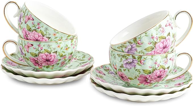 Agyiuns Tea Cup and Saucers, 6.4oz Floral Tea Cups by Agyiuns