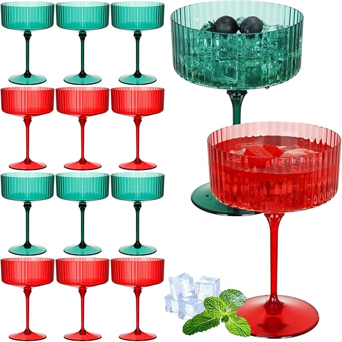 12 Pcs Ribbed Martini Glasses 10 oz Disposable Plastic Vintage Ribbed Coupe Glasses Unbreakable Dessert Parfait Glassware for Wedding Birthday Party Supplies (Red and Green)