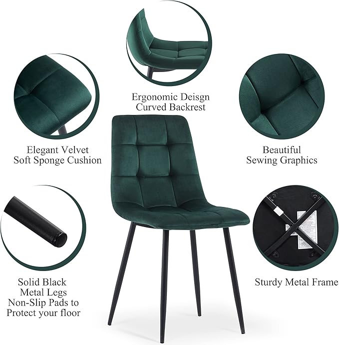 37" Round Table Set for 4 Person, Modern Kitchen Table Set, Imitation Wood Dining Table with Space Saving Dining Chairs, Dark Green Velvet Side Chairs