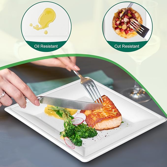 Square Paper Plates 10 Inch [50-Pack] Compostable Eco Friendly Disposable Plates Heavy Duty, Biodegradable Recycled Bagasse Plates, Large Paper Dinner Plates, Sturdy White 10" Plate