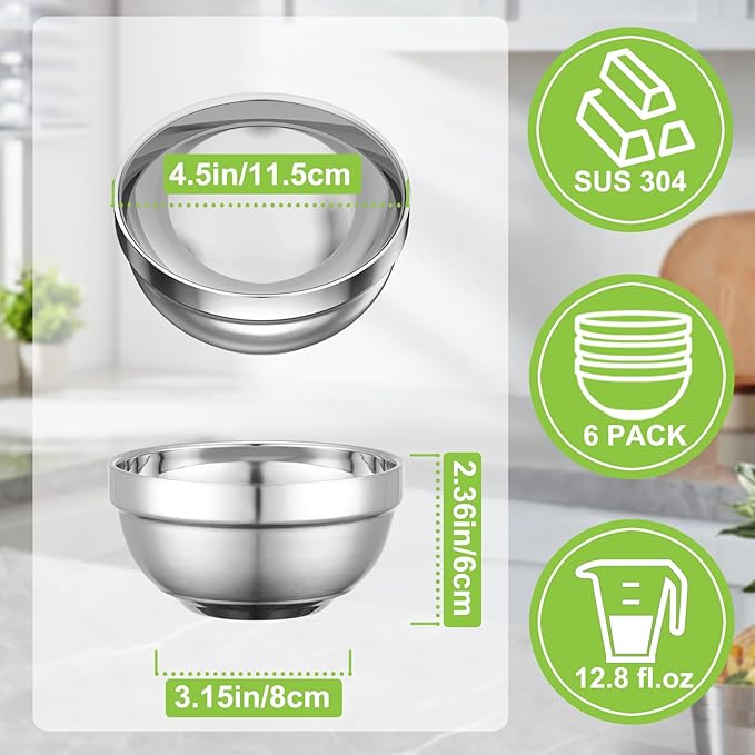 Stainless Steel Bowls, 6 Pack 4.5in 12.8oz 380ml Mini Small SUS304 Double Wall Insulated Stackable Metal Eating Bowl Containers for Serving Snacks Ice Cream Soup Cereal Food Rice Salad