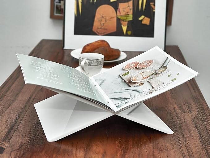 Honygebia White Acrylic Book Stands - Cross Frame Acrylic Book Holder, Open Bookstand for Display and Reading, Suitable for Art, Bible, Cookbook, Easel, Magazine, Textbooks 12.5" x 9.5" x 5.5"