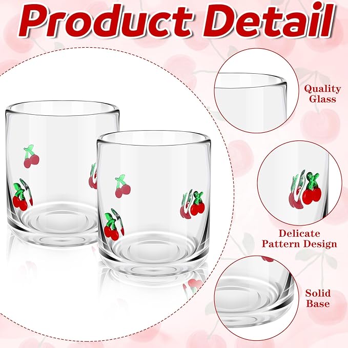 Icon Juice Glasses, 14oz Stemless Wine Drinking Juice Glass Cup for Valentine Party Supplies Gift(2 Pcs,Cherry)