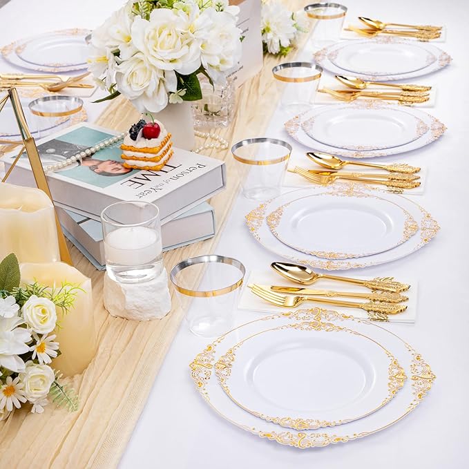 Hioasis 175pcs White and Gold Plates - White Party Plates for 25 Guest, Include 50 Heavy-duty Plates(20% Thicker Than Standard), 25 Cutlery Set, 25 Napkin, 25 Cups
