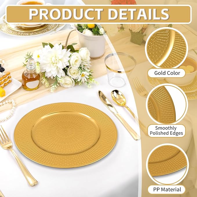 PROY 50 Pcs Gold Charger Plates Bulk, 13 Inch Beaded Gold Chargers for Dinner Plates Plastic Reusable Round Charger Platters for Table Setting, Wedding, Party, Event