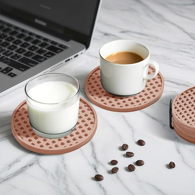 Coasters for Drinks, Silicone Coasters Set of 6 with Metal Holder, Outdoor Coaster for Coffee Table, Non-Slip Rubber Table Cup Mat Desk, Heat Resistant & Scratch-Proof (Dusty Pink)