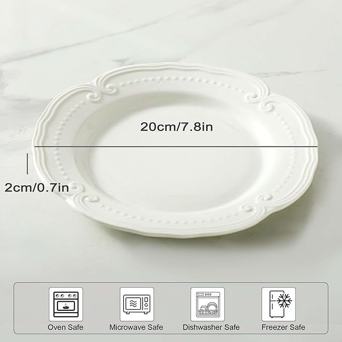 Neaylfe Embossed Salad Plates, 7.8 Inch White Ceramic Plates, The Dessert, Salad, Appetizer, Small Lunch, etc Plate, Restaurant Kitchen Dish, Microwave, Oven, and Dishwasher Safe - Set of 8