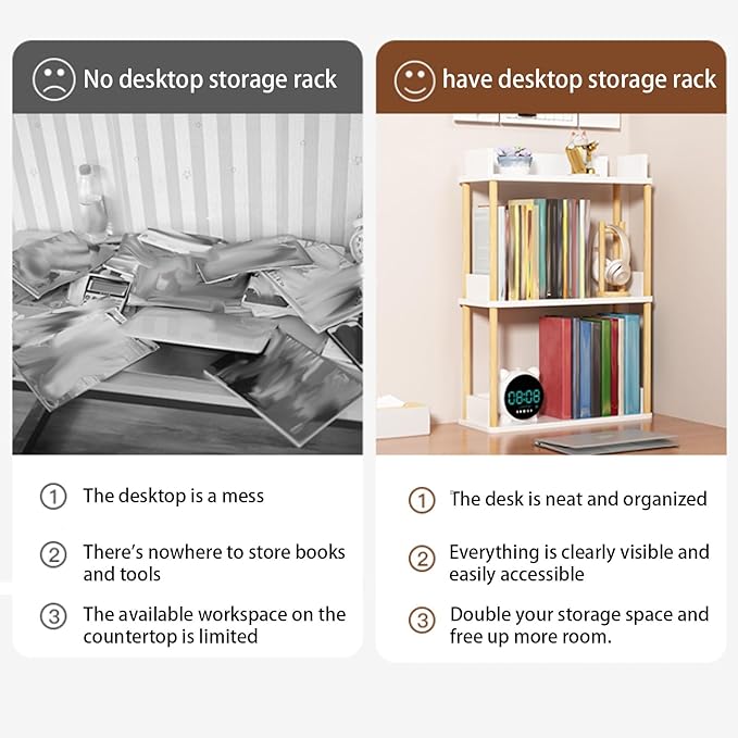 Desktop Organizer Shelf, Multi Tier Wood Tabletop Bookshelf, Space Saving Countertop Storage Rack for Office, Bedroom, Living Room(Light Walnut,15.7 * 7.8 * 26.7in)
