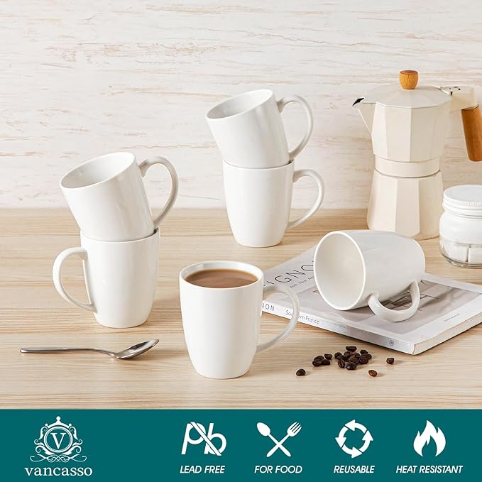 vancasso White Ceramic Coffee Mug Set of 6, 12 Oz Tea Cups - Image 3