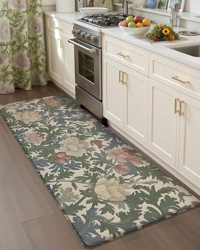 Color&Geometry Floral Kitchen Mat 24"x87", Anti Fatigue Kitchen Mats for Floor, Kitchen Rugs Non Slip, Waterproof & Oil Proof Padded Runner for Standing Desk Office, Sink - Floral Beige