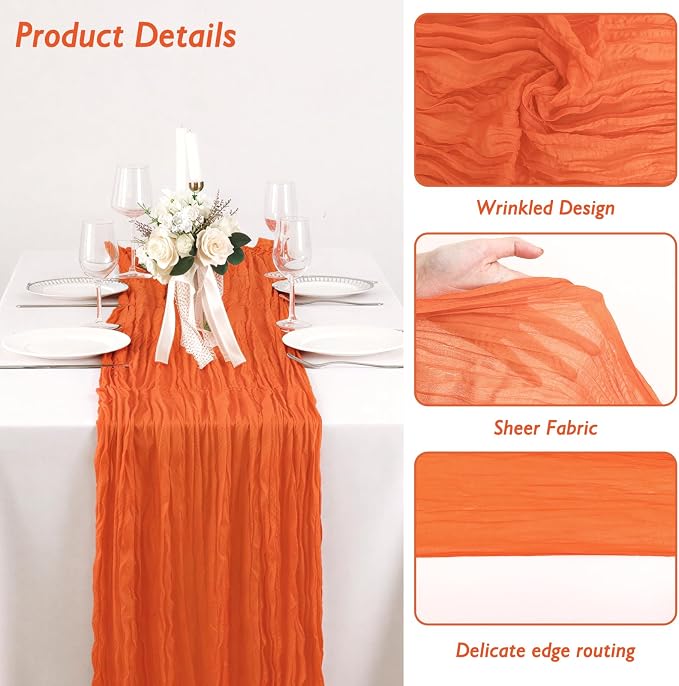 3 Pack Orange Cheesecloth Table Runner 120 Inch Boho Wedding Decor | - Image 3