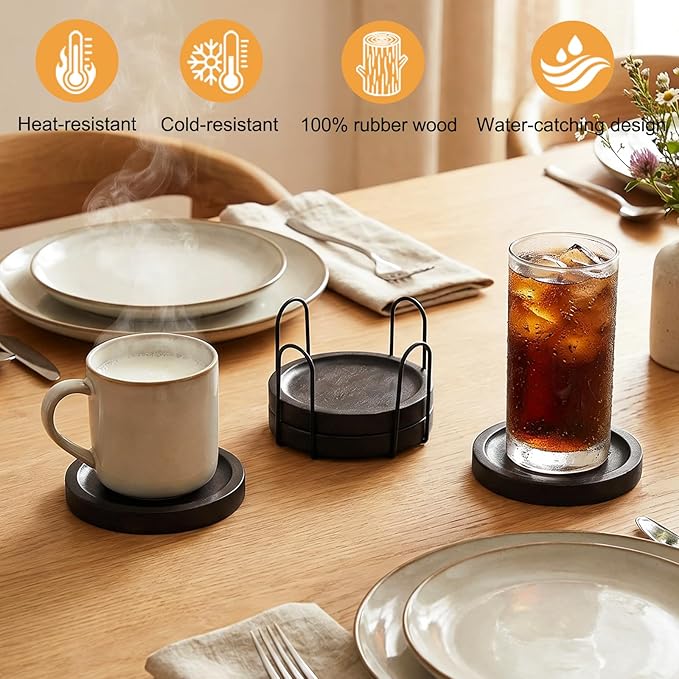 Wooden Coasters for Drinks Set of 4 with Holder - Handcrafted Solid Wood Coasters - Minimalist Tabletop Protection for Coffee Table, Rustic Home Decor & Housewarming Gift