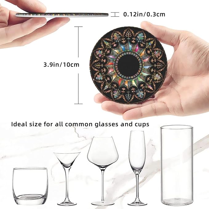 Drink Coasters with Holder Stand Set of 6, Mandala Flourish Floral Pu Leather - Image 3