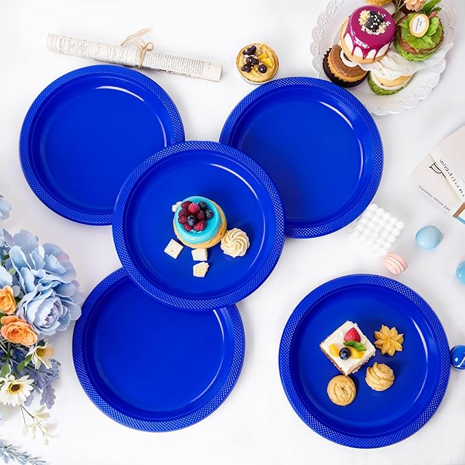 WELLIFE Royal Blue Party Plates 10 Inch -150 Count, Disposable Plastic Dark Blue Dinner Plates for New Year Party Dessert Cake Appetizer