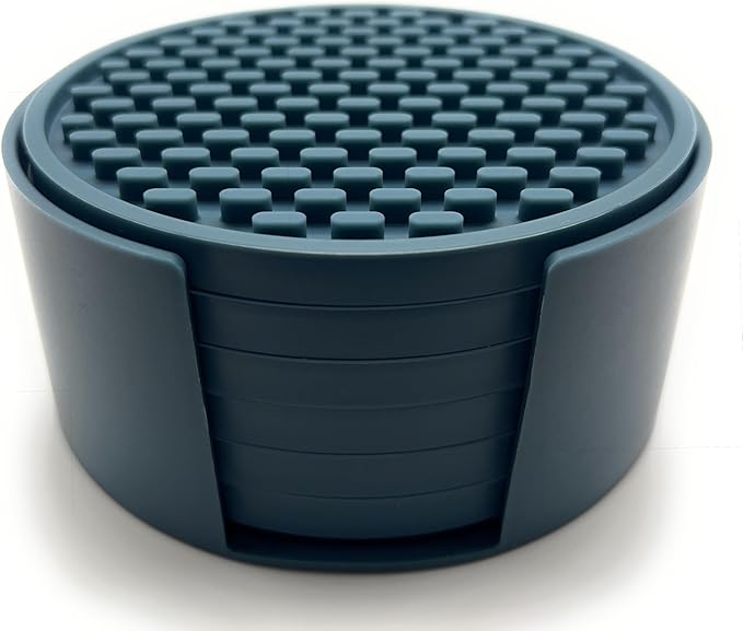 Happitasa 4.25 Inch Bar Mat Style Silicone Beverage Coasters, Set of 6 with Holder (Smoky Blue)