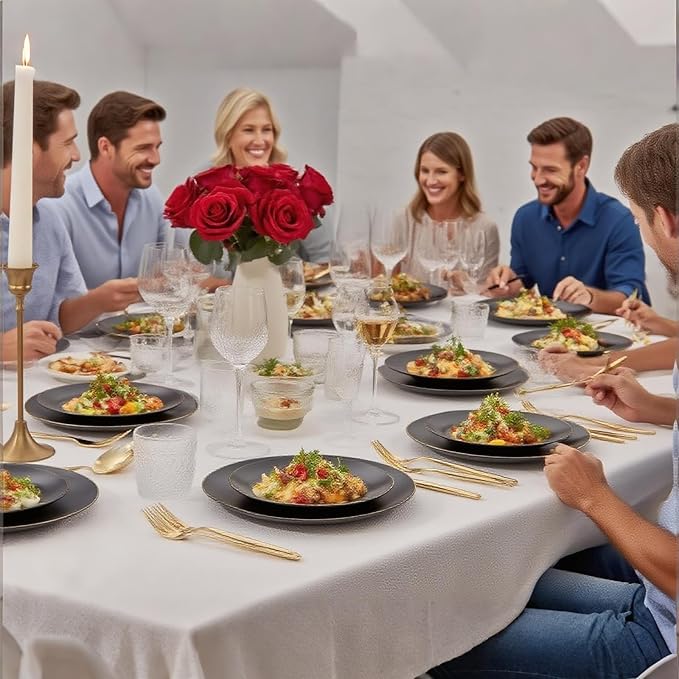 EI enjonirinjonir 80pcs Black and Gold Dinner Plates Disposable 10.25inch,Plastic Party Plates with Gold Rim,Black Plastic Matte plate Frosted Disposable Heavy Duty,Elegant for Wedding/Tea Party