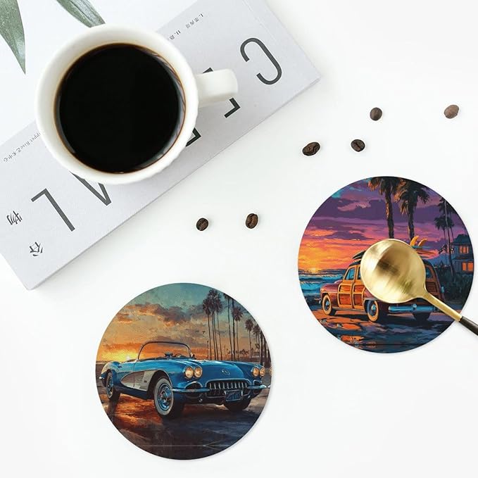 Car Print Coasters for Drinks with Holder Round Leather Coasters Set of 6 Cups Mugs Mat Pad for Home Kitchen Bar