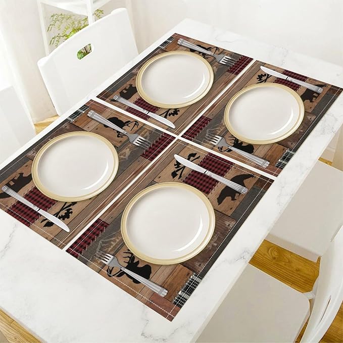 Vintage Bear Deer Placemats Rustic Wildlife Moose Forest Animal Cabin Lodge Lake Pine Heat-Resistant Linen Table Place Mats for Dining Kitchen Country Camp Style Farmhouse Decor 6 PCS, Countryside-7