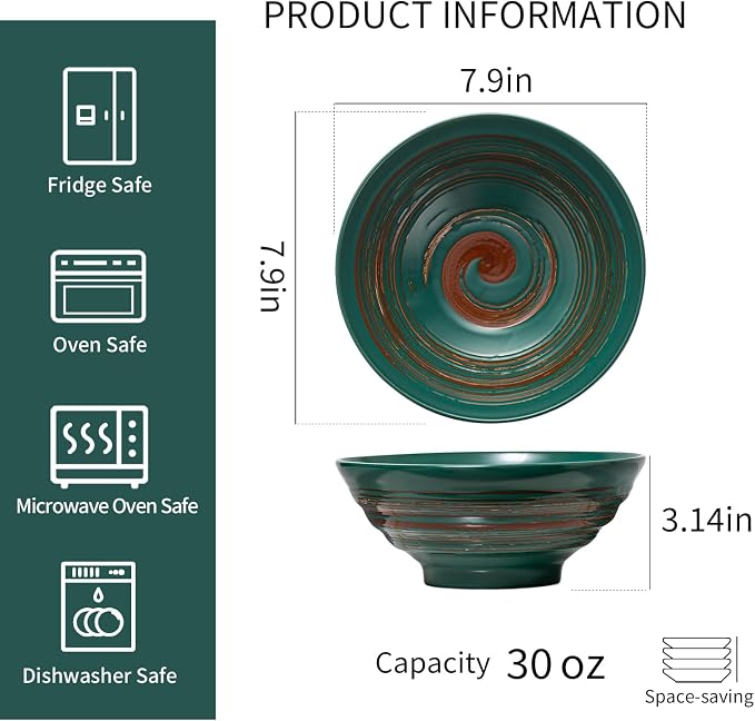 YUN TAO Ramen Bowl Set, 35 Oz Large Green Ceramic Ramen Bowls Set of 4 - Image 2