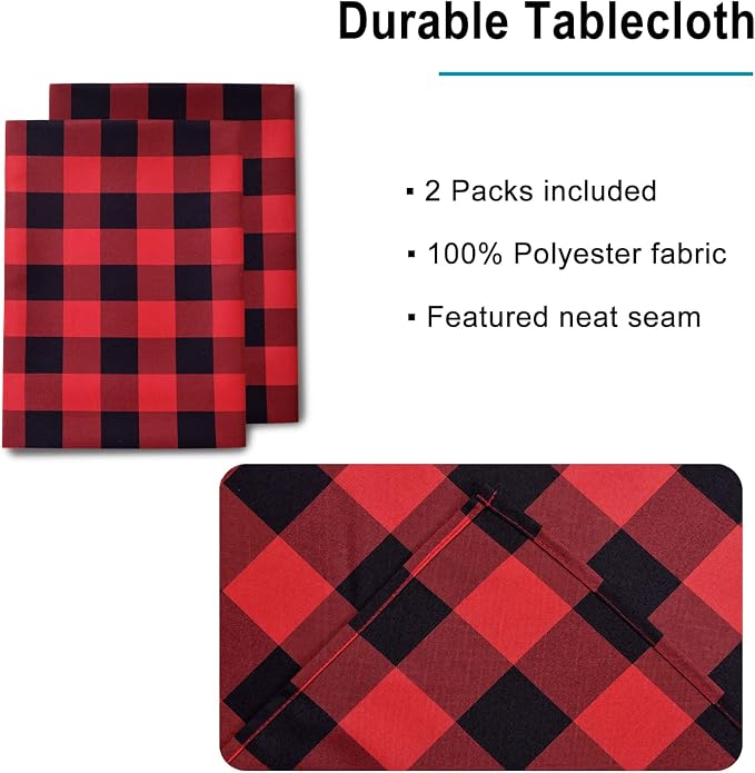 Red and Black Plaid Tablecloth Waterproof, 2 Pack, 60 x 102 inch | Checkered - Image 3